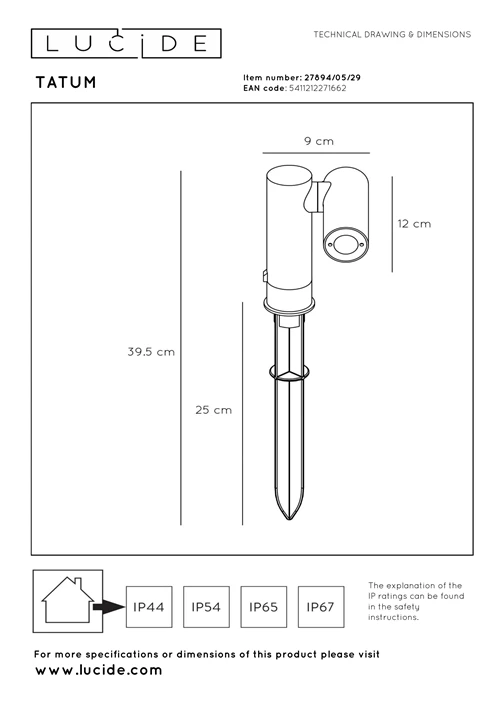 Lucide TATUM - Foco de jardín - LED - 1x4,5W 3000K - IP65 - Antracita - técnico